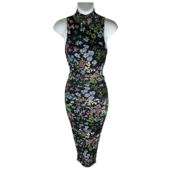 NEW Afrm floral midi bodycon mock neck black midi Katia dress medium - Picture 4 of 10